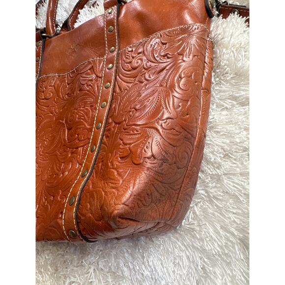 PATRICIA NASH Burnished Tooled Benvenuto Gold Leather Shoulder Bag Tote Cognac - Picture 7 of 10